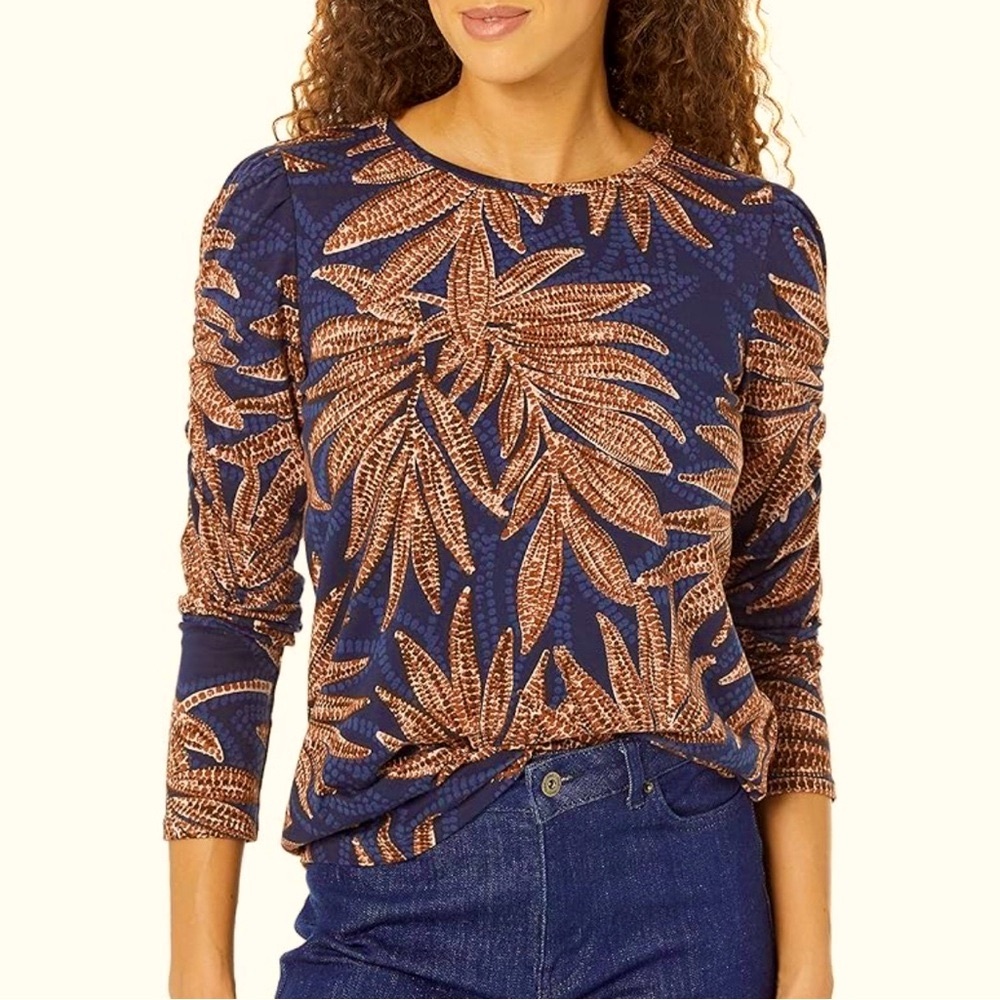 NIC+ZOE Navy and Brown Leaf Print Long Sleeve Top